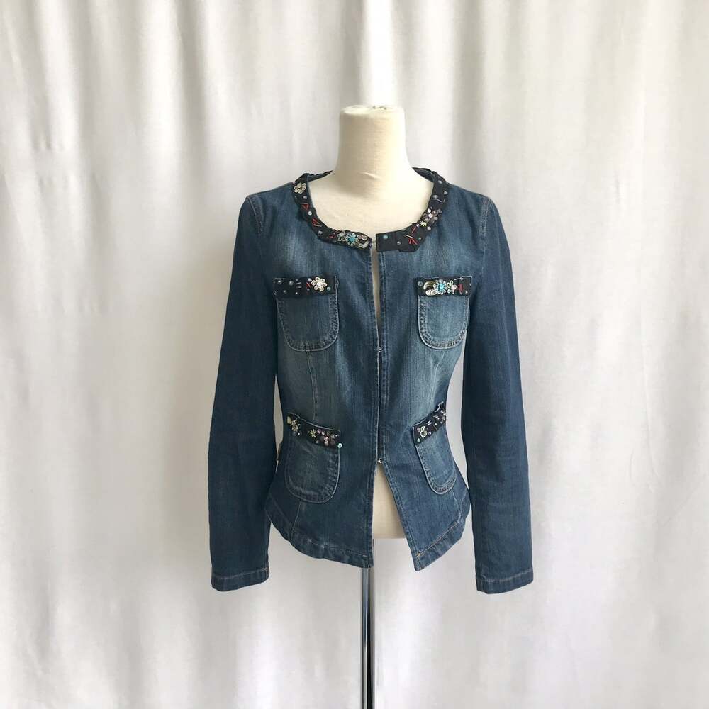 MOSCHINO Jeans  Denim  Collarless Jacket Beading Detail Hook Closure  Size 6